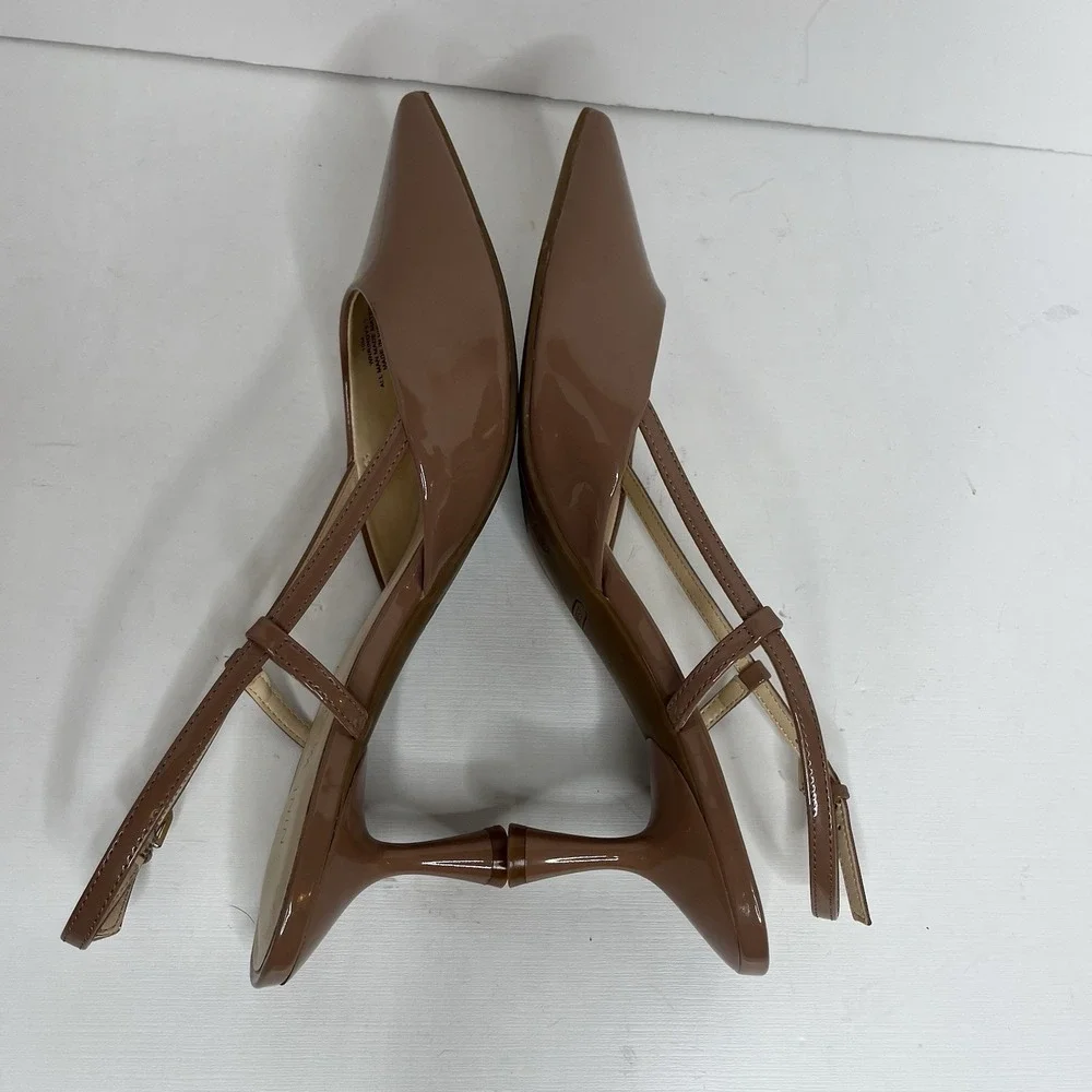 Nine West Patent Slingback‎ Kitten Heels Pointed Toe Buckle Strap 10 M Camel